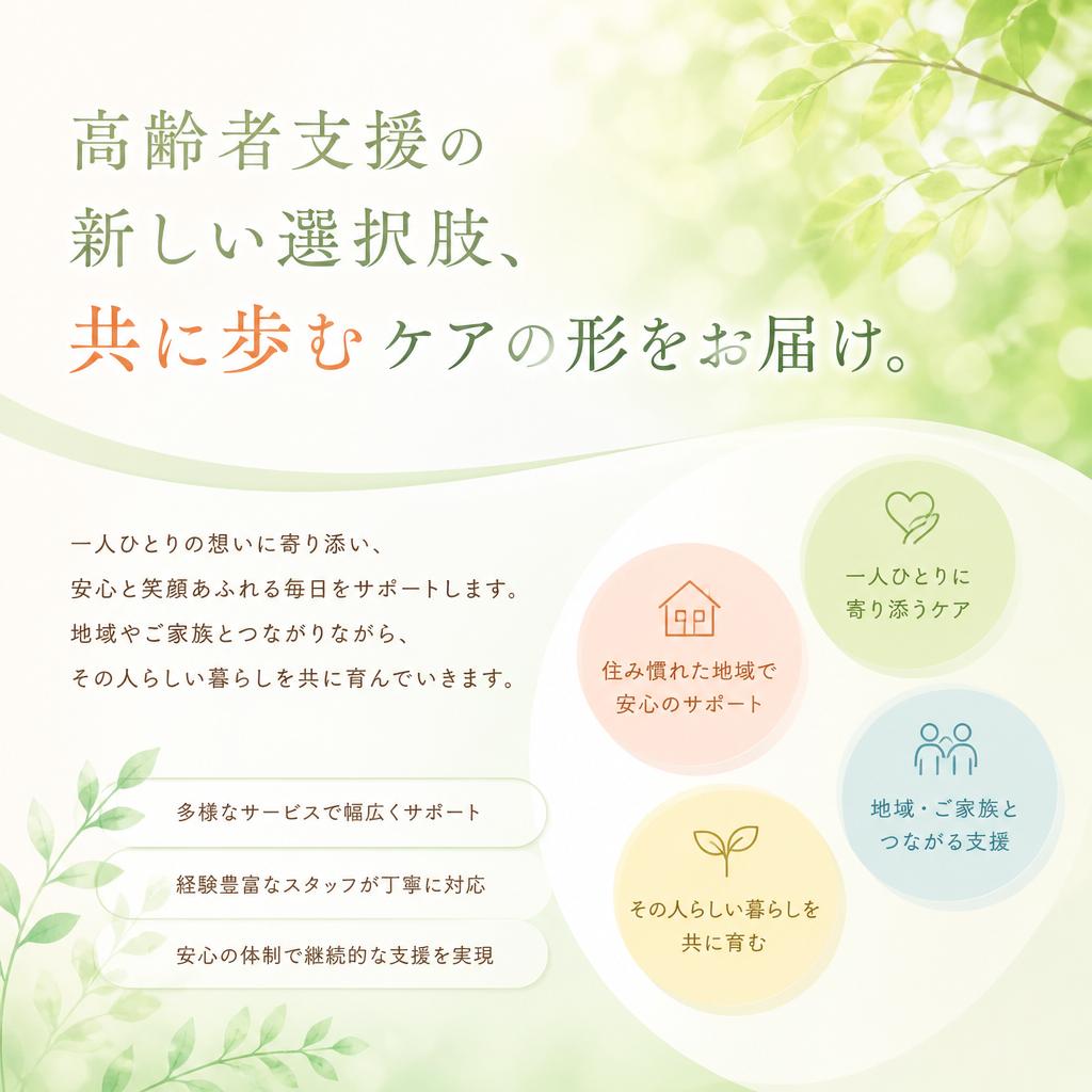 高齢者支援の新しい選択肢、共に歩むケアの形をお届け。